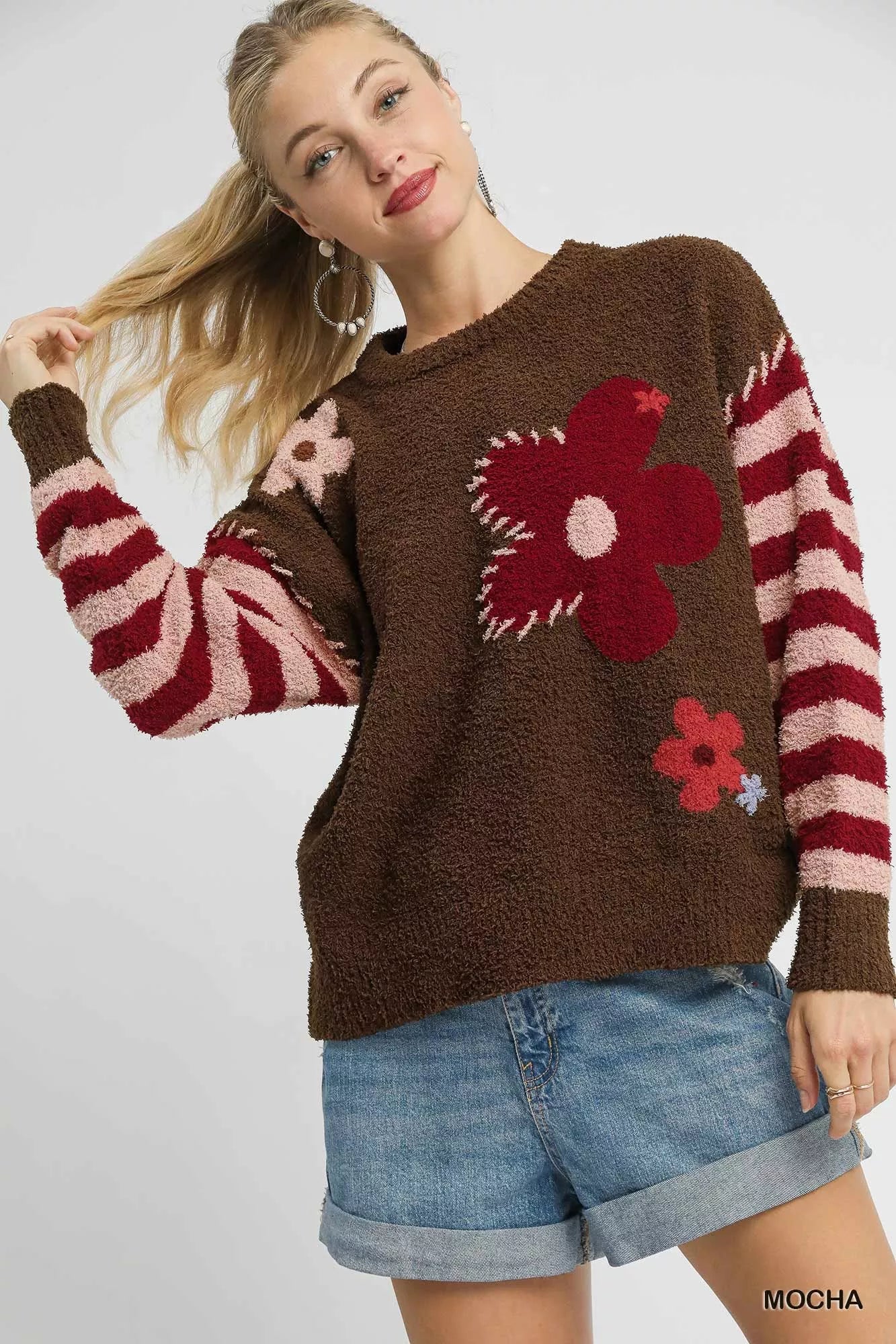 Flower Jacquard Striped Long Sleeve Sweater Shop Fall Styles at In Style Chics Boutique 