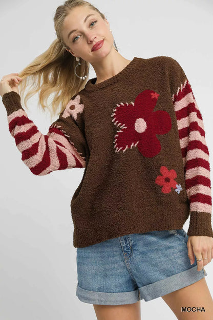 Flower Jacquard Striped Long Sleeve Sweater Shop Fall Styles at In Style Chics Boutique 