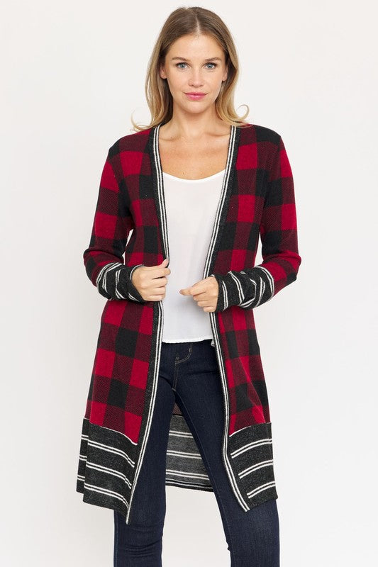 Long Buffalo Plaid Stripe Trim Open Cardigan - In Style Chics Boutique LLC