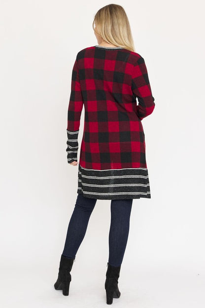 Long Buffalo Plaid Stripe Trim Open Cardigan - In Style Chics Boutique LLC