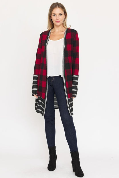 Long Buffalo Plaid Stripe Trim Open Cardigan - In Style Chics Boutique LLC