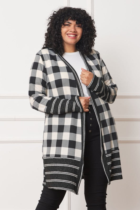 Long Buffalo Plaid Stripe Trim Open Cardigan - In Style Chics Boutique LLC