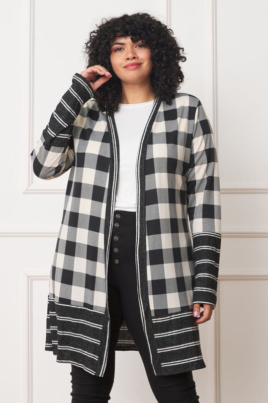 Long Buffalo Plaid Stripe Trim Open Cardigan - In Style Chics Boutique LLC