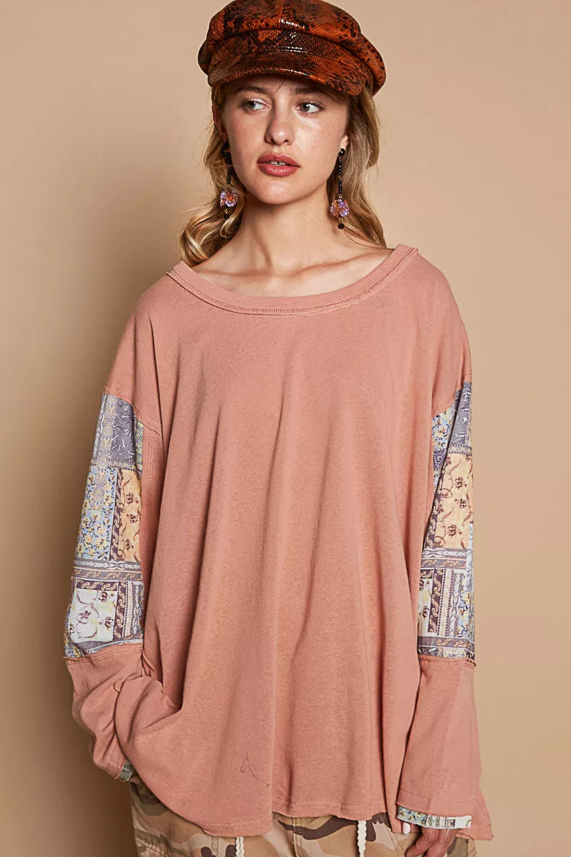 Round Neck Long Sleeve Roomy Fit Top with Stitch Detail at In Style Chics Boutique 