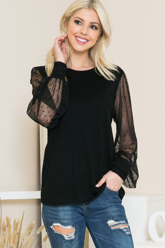 Shop Mesh Dot Puff Sleeve Knit Black Top at In Style Chics Boutique 🖤