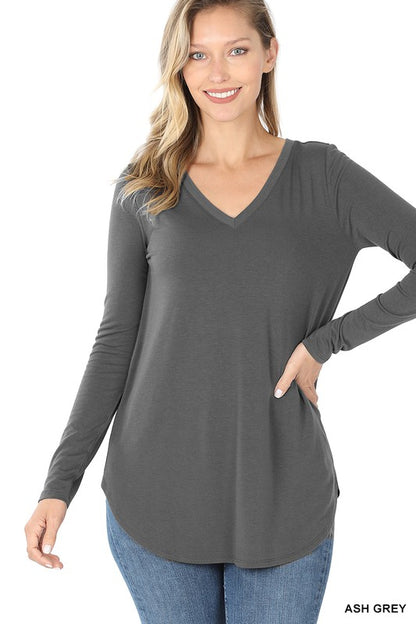 Long Sleeve V-Neck Round Hem Top - In Style Chics Boutique LLC