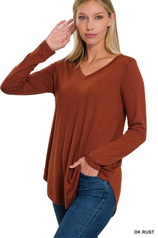 Long Sleeve V-Neck Round Hem Top - In Style Chics Boutique LLC