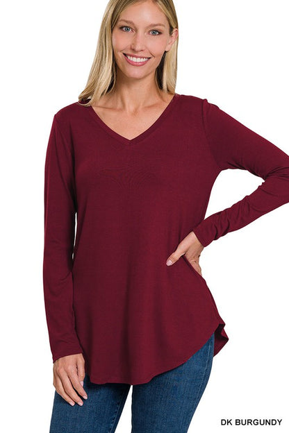 Long Sleeve V-Neck Round Hem Top - In Style Chics Boutique LLC