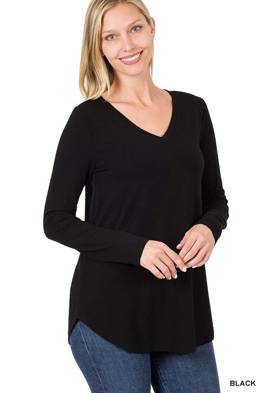 Long Sleeve V-Neck Round Hem Top - In Style Chics Boutique LLC