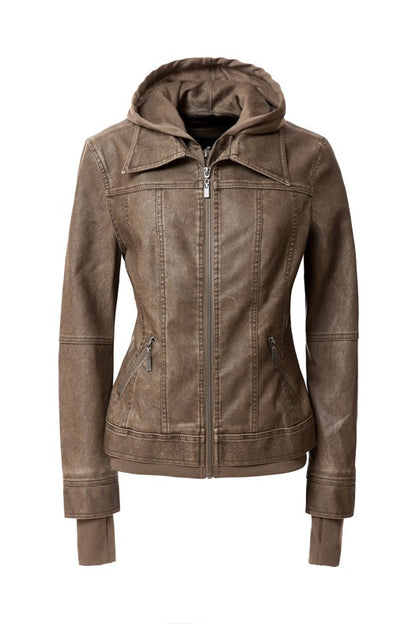 Women's Hood PU Leather Jacket - In Style Chics Boutique LLC