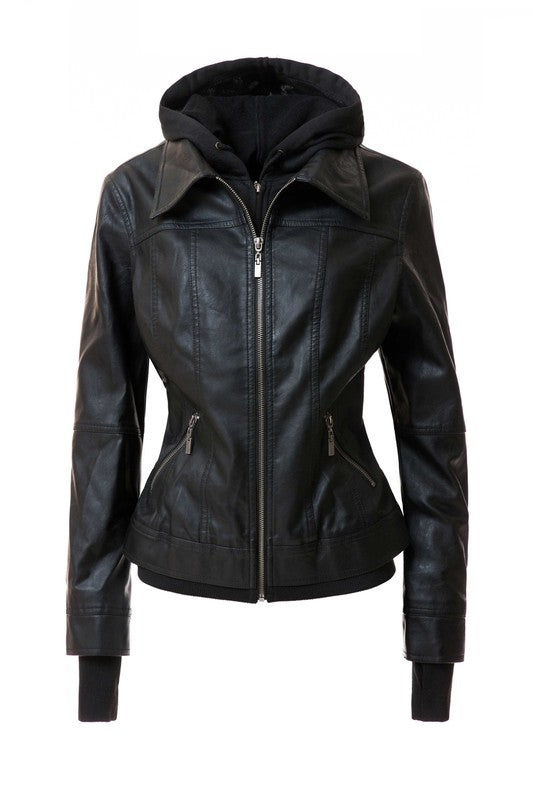 Women's Hood PU Leather Jacket - In Style Chics Boutique LLC