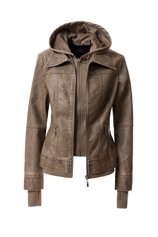 Women's Hood PU Leather Jacket - In Style Chics Boutique LLC