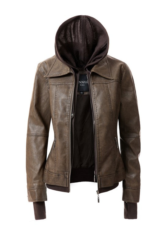 Women's Hood PU Leather Jacket - In Style Chics Boutique LLC