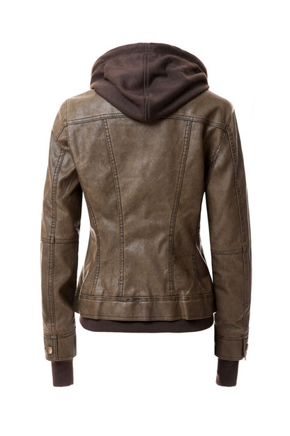 Women's Hood PU Leather Jacket - In Style Chics Boutique LLC