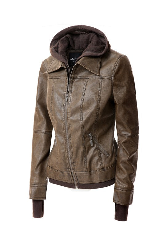 Women's Hood PU Leather Jacket - In Style Chics Boutique LLC