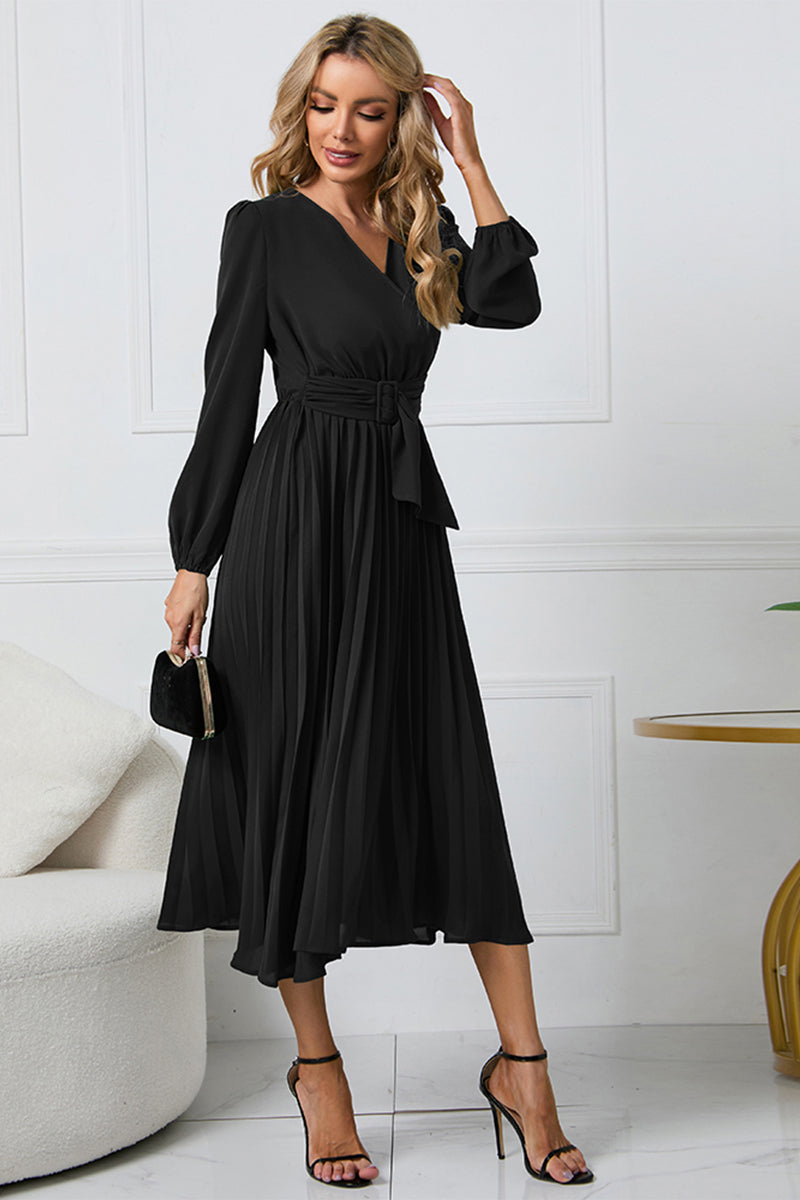 V-Neck Long Sleeve Tie Waist Midi Dress - In Style Chics Boutique LLC