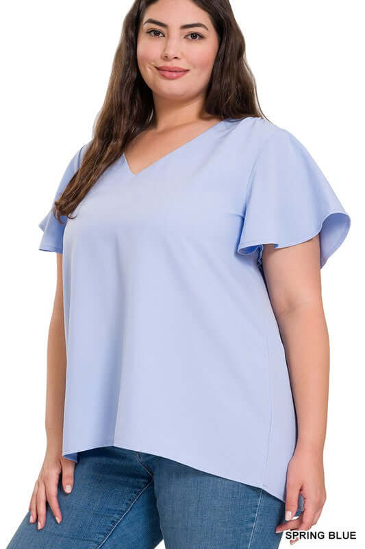 Plus Size V-Neck Top, Woven Flutter Sleeve - In Style Chics Boutique 