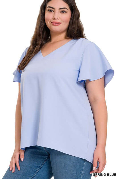 Plus Size V-Neck Top, Woven Flutter Sleeve - In Style Chics Boutique 