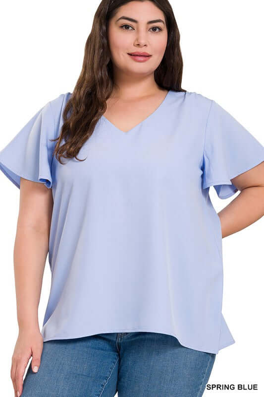 Plus Size V-Neck Top, Woven Flutter Sleeve - In Style Chics Boutique 