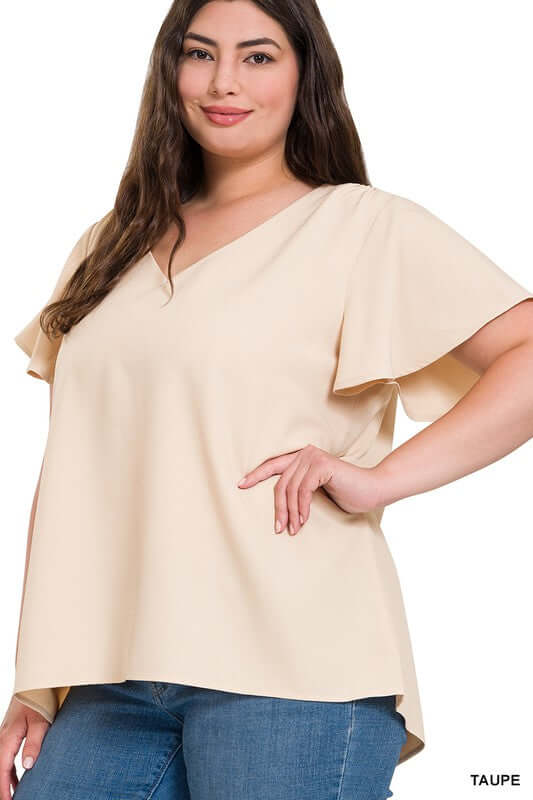 Plus Size V-Neck Top, Woven Flutter Sleeve - In Style Chics Boutique 