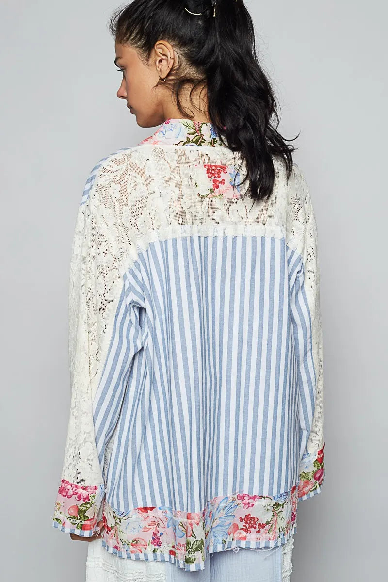 Lace Long Sleeve Striped Cardigan with Floral Patchwork - In Style Chics Boutique 