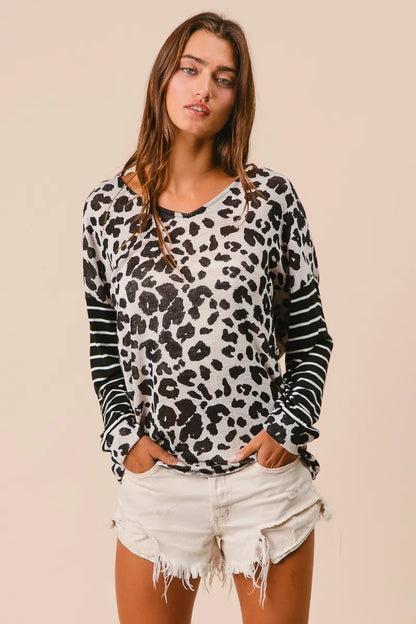 Leopard Hacci Knit Twist Back Top With Stripe Sleeve, In Style Chics Boutique