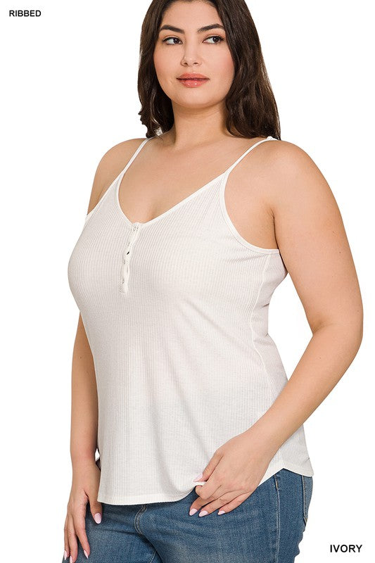 Plus Size Cami Top, Ribbed Half Snap Button Closure