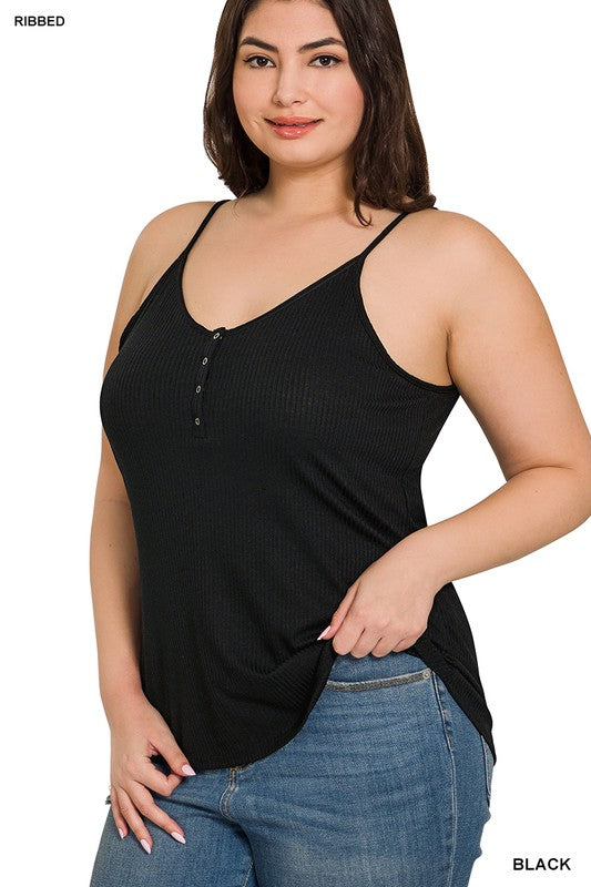 Plus Size Cami Top, Ribbed Half Snap Button Closure