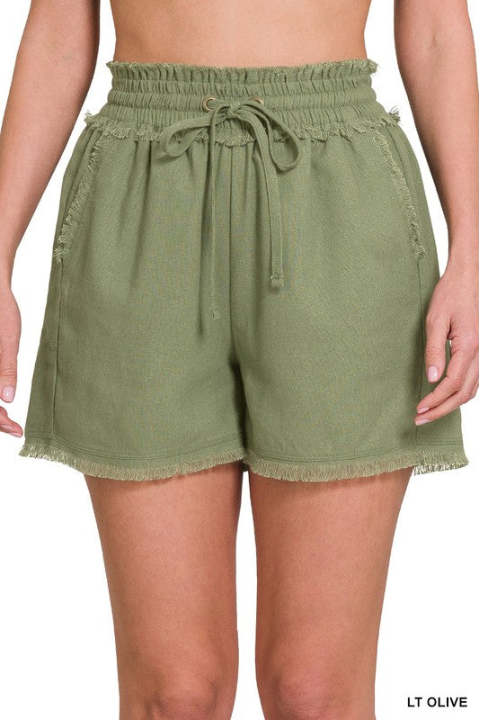 Linen Frayed Hem Drawstring Shorts with Pockets - In Style Chics Boutique LLC