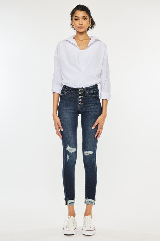 High Rise Button Down Cuffed Ankle Skinny Jeans - In Style Chics Boutique LLC