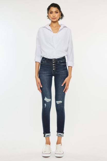 High Rise Button Down Cuffed Ankle Skinny Jeans - In Style Chics Boutique LLC