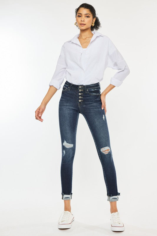 High Rise Button Down Cuffed Ankle Skinny Jeans - In Style Chics Boutique LLC