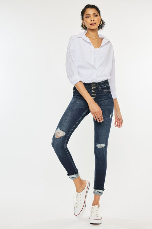 High Rise Button Down Cuffed Ankle Skinny Jeans - In Style Chics Boutique LLC