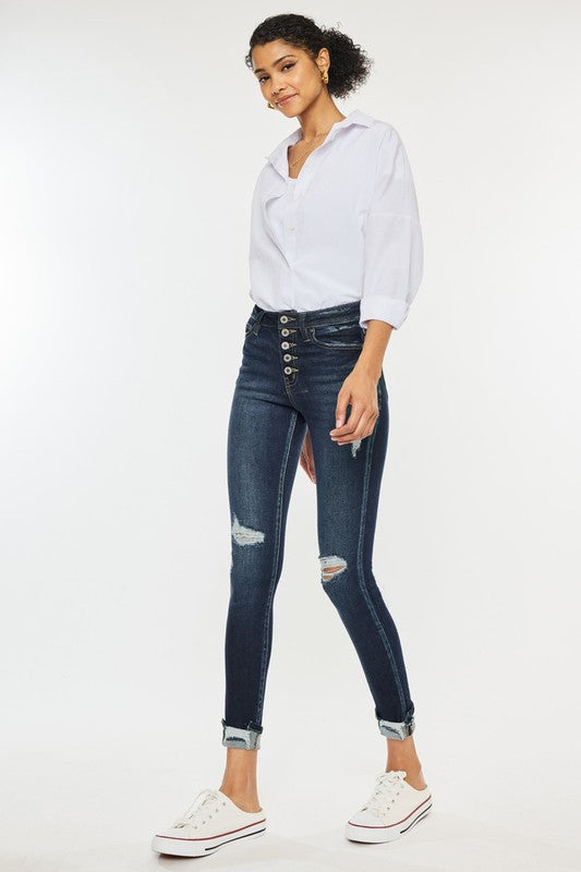 High Rise Button Down Cuffed Ankle Skinny Jeans - In Style Chics Boutique LLC