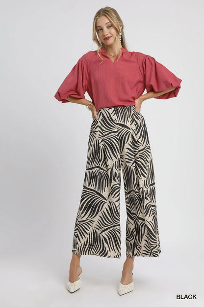 Palm Leaf Print Wide Leg Culotte Pants at In Style Chics Boutique at In Style Chics Boutique 
