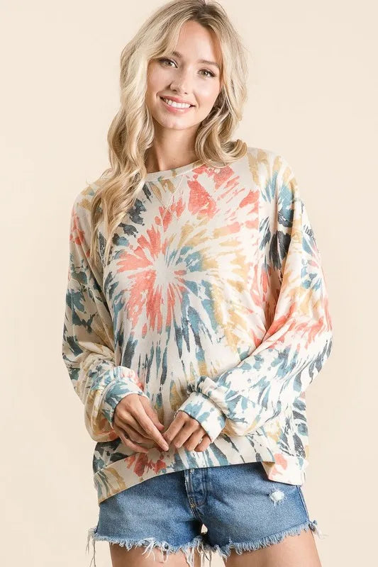 Tie Dye Print Terry Pull Over at In Style Chics Boutique 