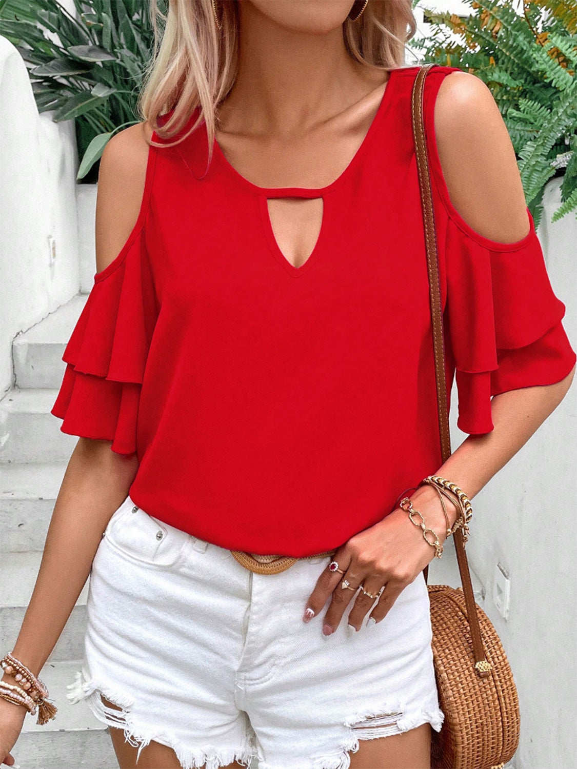 Cold Shoulder Flounce Sleeve Blouse - In Style Chics Boutique LLC