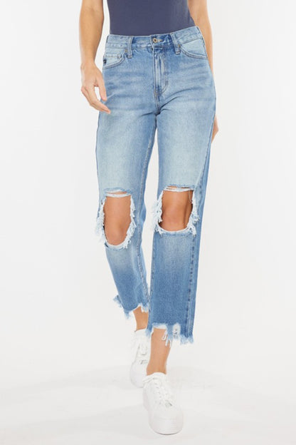 Kancan High Waist Chewed Up Straight Mom Jeans - In Style Chics Boutique LLC