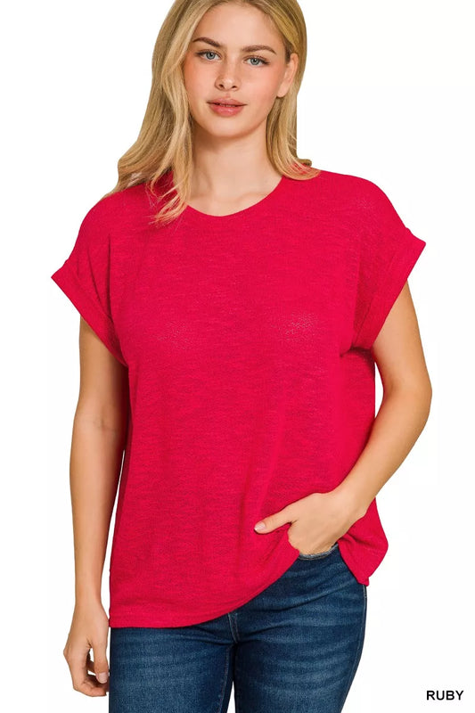 Zenana Hacci Slub Rolled Up Sleeve Tee for women 