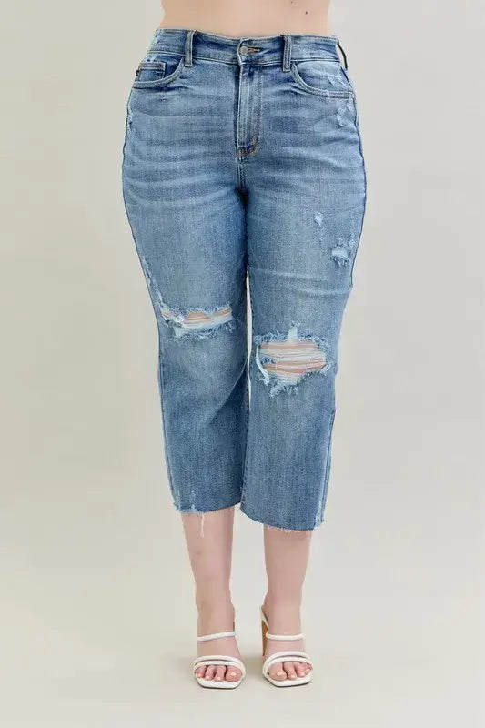 Judy Blue High Waist Destroy Crop Wide Leg Jeans - In Style Chics Boutique Women's Juniors Plus Size Apparel Online