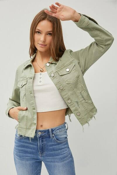 Women's Raw Hem Button Up Cropped Denim Jacket - In Style Chics Boutique 