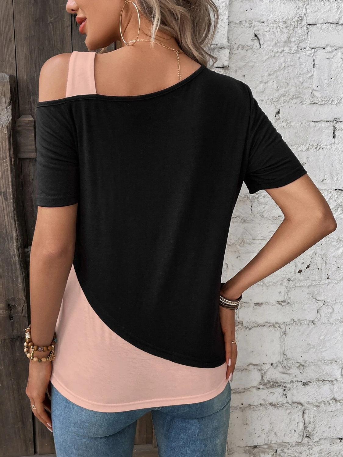 Contrast Asymmetrical Neck Short Sleeve T-Shirt - In Style Chics Boutique LLC