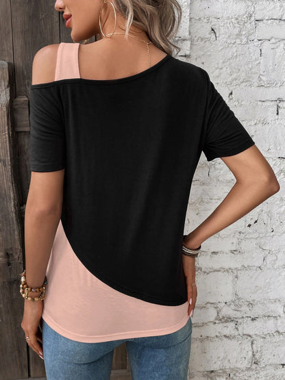 Contrast Asymmetrical Neck Short Sleeve T-Shirt - In Style Chics Boutique LLC