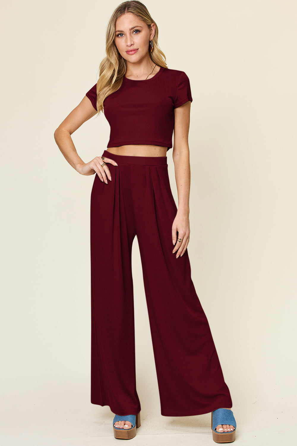 Double Take Full Size Round Neck Top and Pants Set - In Style Chics Boutique LLC