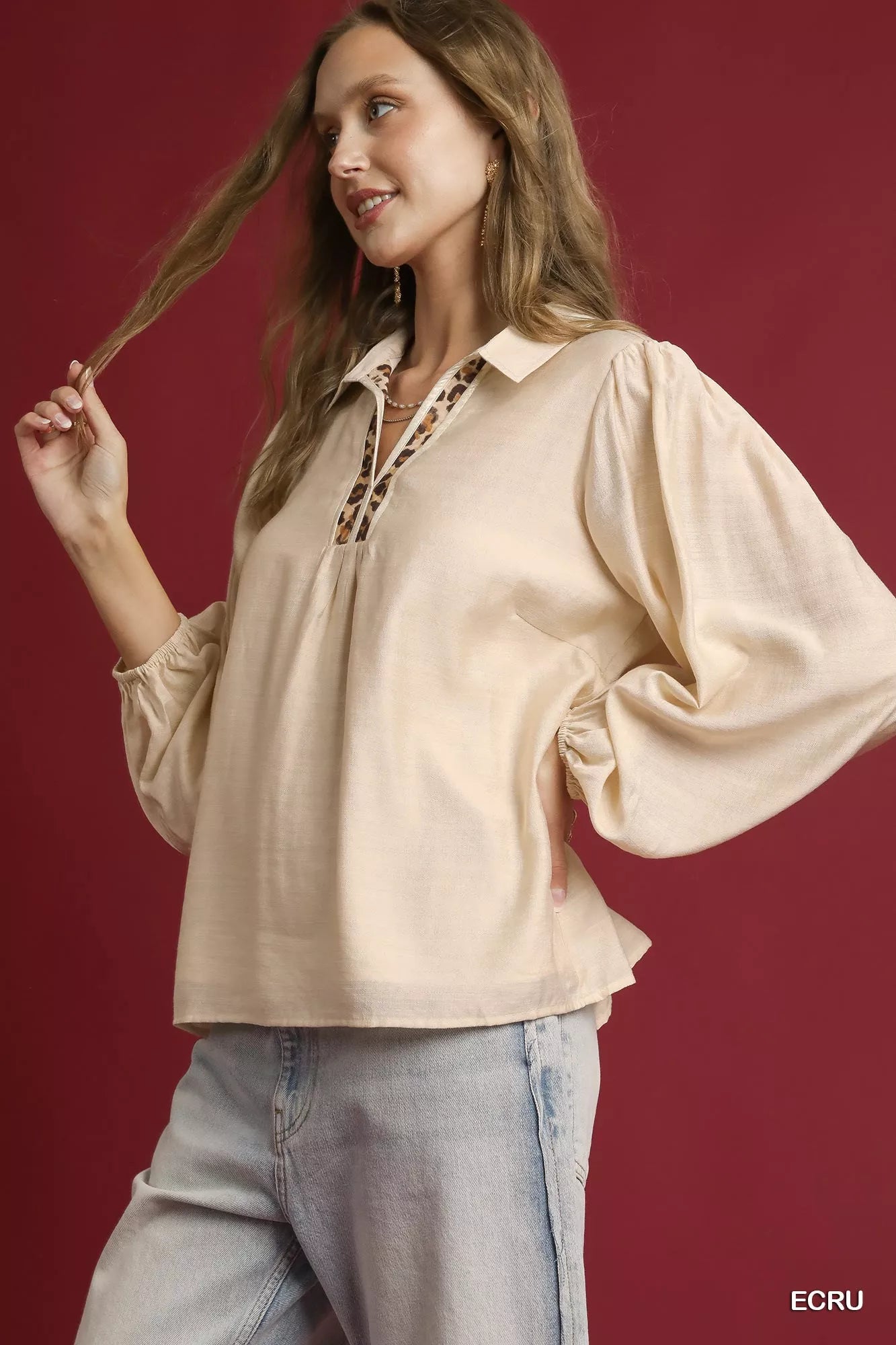 Long Sleeve Blouse with Leopard Print Trim at In Style Chics Boutique 