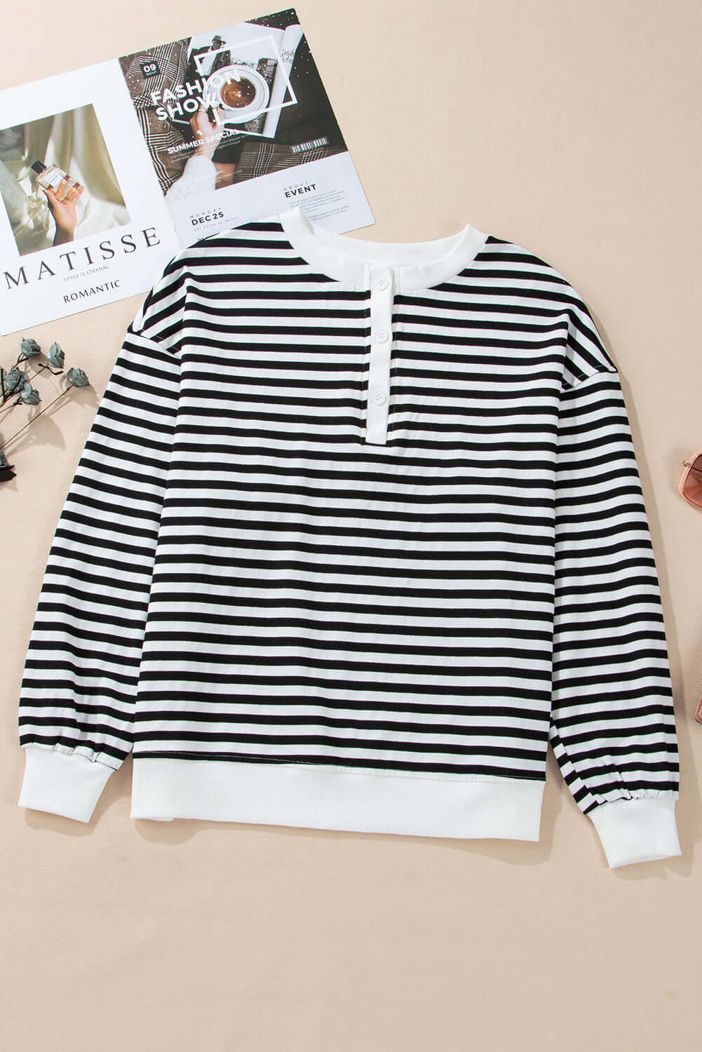 White Stripe Buttoned Crew Neck Oversized Sweatshirt - In Style Chics Boutique 