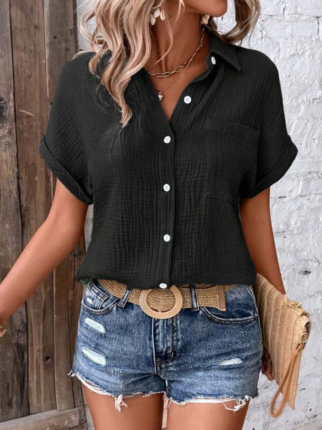 Textured Button Short Sleeve Shirt More Colors! - In Style Chics Boutique LLC