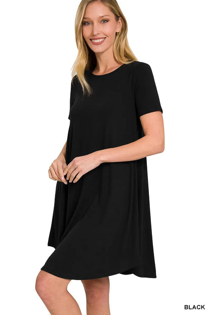 Zenana Short Sleeve Round Hem A-line Black Dress w/ Pockets 🖤