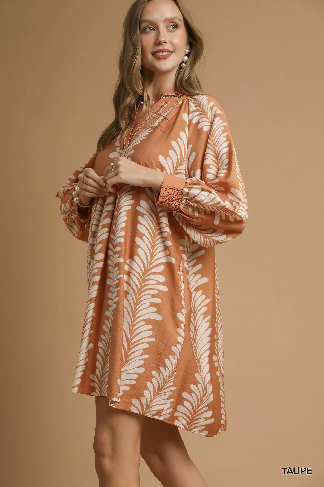 Leaf Print Notched Mini Babydoll Dress at In Style Chics Boutique 