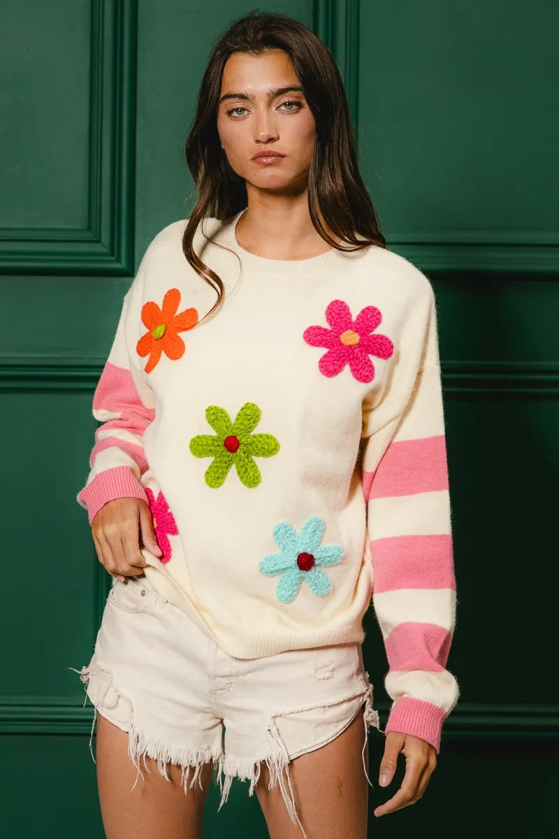Colorful Floral Patched Sweater with Striped Sleeve at In Style Chics Boutique 